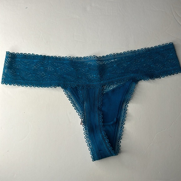 Victoria’s Secret 100% Cotton Teal Lace Waist Ribbed Thong G-String Panties Sz S - Picture 9 of 14